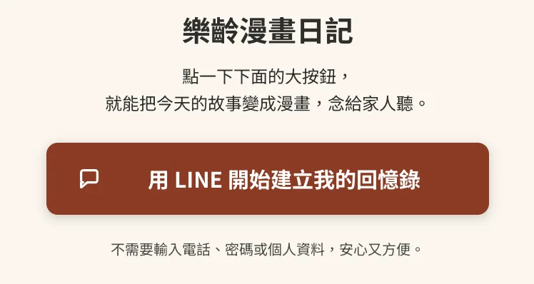 產品畫面：歡迎頁寫著「點一下下面的大按鈕，就能把今天的故事變成漫畫，念給家人聽」，下方是「用 LINE 開始建立我的回憶錄」大按鈕，並註明不需要輸入電話、密碼或個人資料。