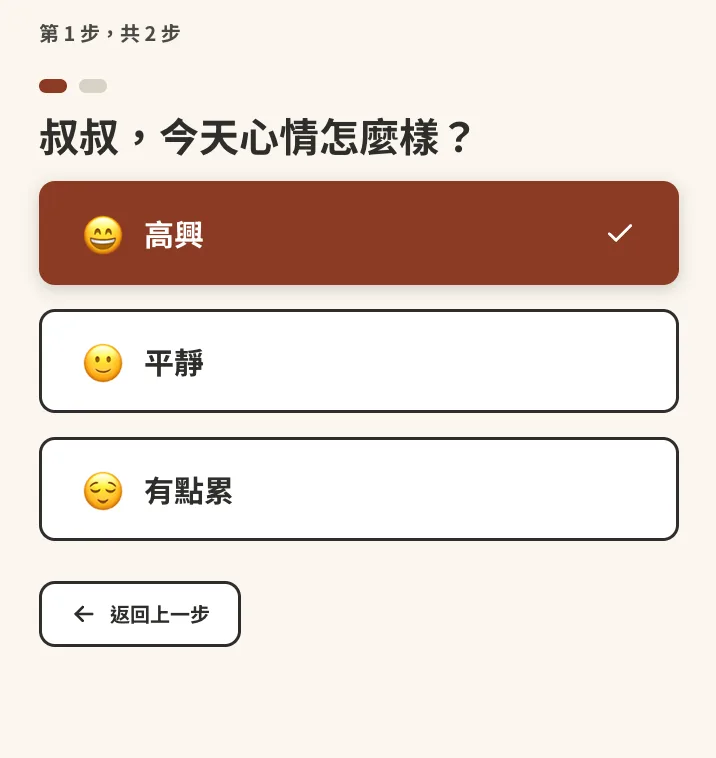 產品畫面：「叔叔，今天心情怎麼樣？」提供高興、平靜、有點累三個大按鈕，「高興」已被點選並打勾，畫面上方標示第 1 步共 2 步。