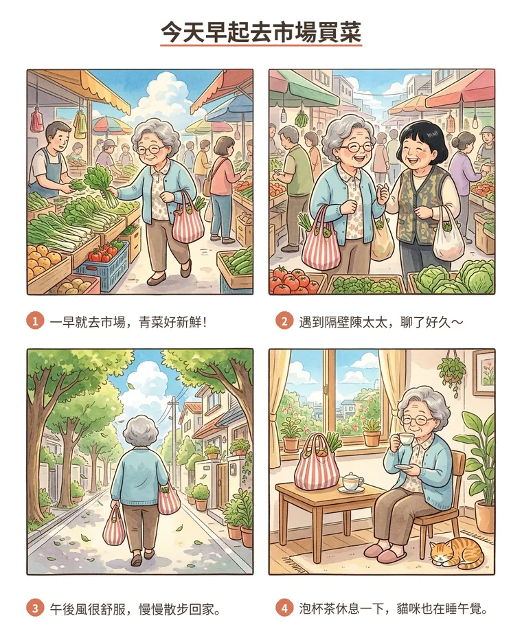 AI 生成的四格漫畫「今天早起去市場買菜」：一早去市場買菜青菜好新鮮、遇到隔壁陳太太聊了好久、午後散步回家、泡杯茶休息貓咪也在睡午覺。