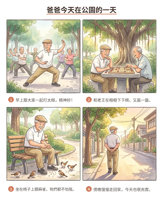 AI 生成的四格漫畫「爸爸今天在公園的一天」：早上跟大家一起打太極、和老王在榕樹下下棋又贏一盤、坐在椅子上餵麻雀、傍晚慢慢走回家。