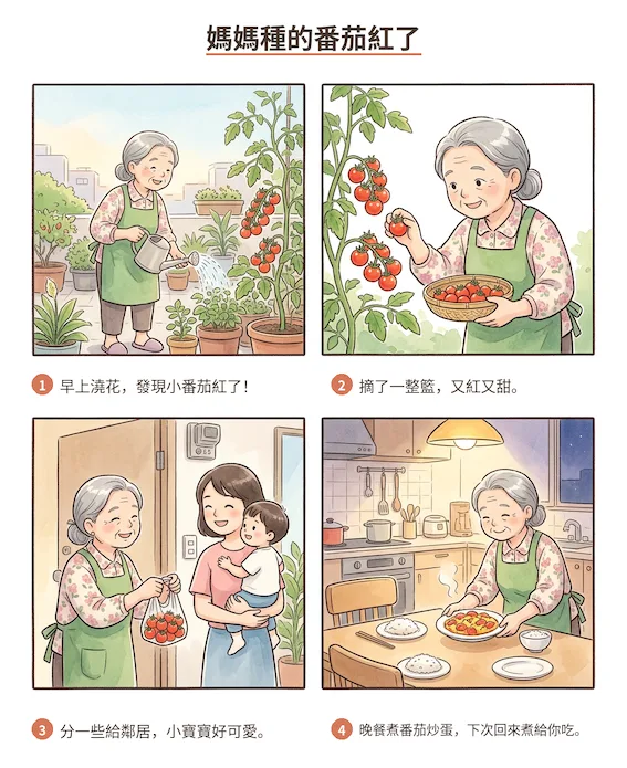 AI 生成的四格漫畫「媽媽種的番茄紅了」：早上澆花發現小番茄紅了、摘了一整籃又紅又甜、分一些給鄰居、晚餐煮番茄炒蛋。