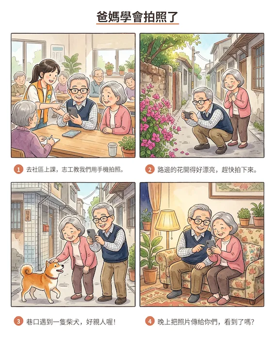 AI 生成的四格漫畫「爸媽學會拍照了」：去社區上課志工教用手機拍照、路邊的花開得漂亮趕快拍下來、巷口遇到一隻好親人的柴犬、晚上把照片傳給家人。
